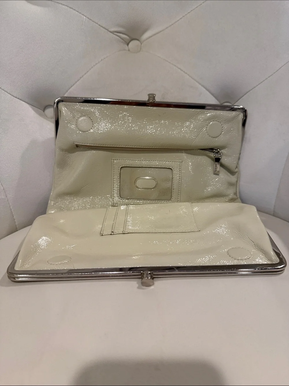 Elegant HONO Cream Patent Frame Clutch